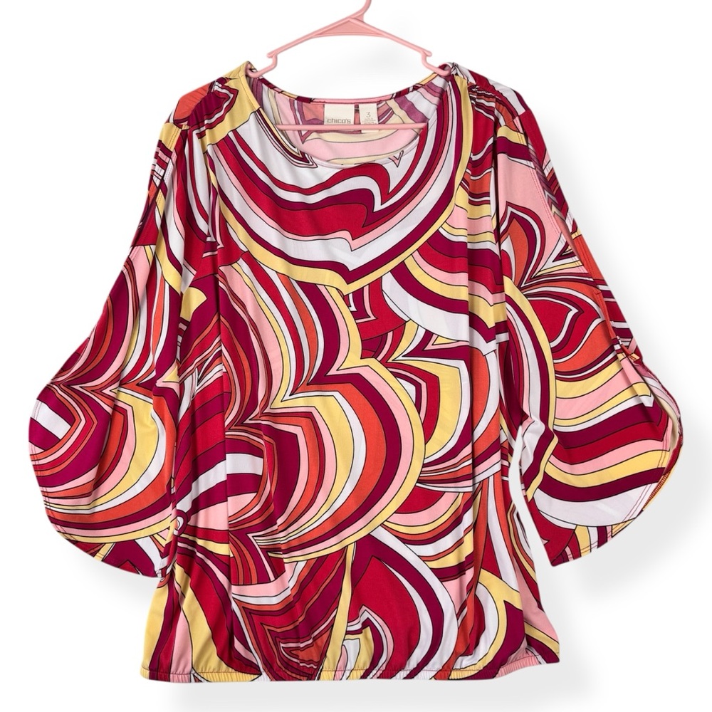 Chicos Size 2 Blouse Womens Large L/12 Cold Shoulder 3/4 Slit Bell Sleeve